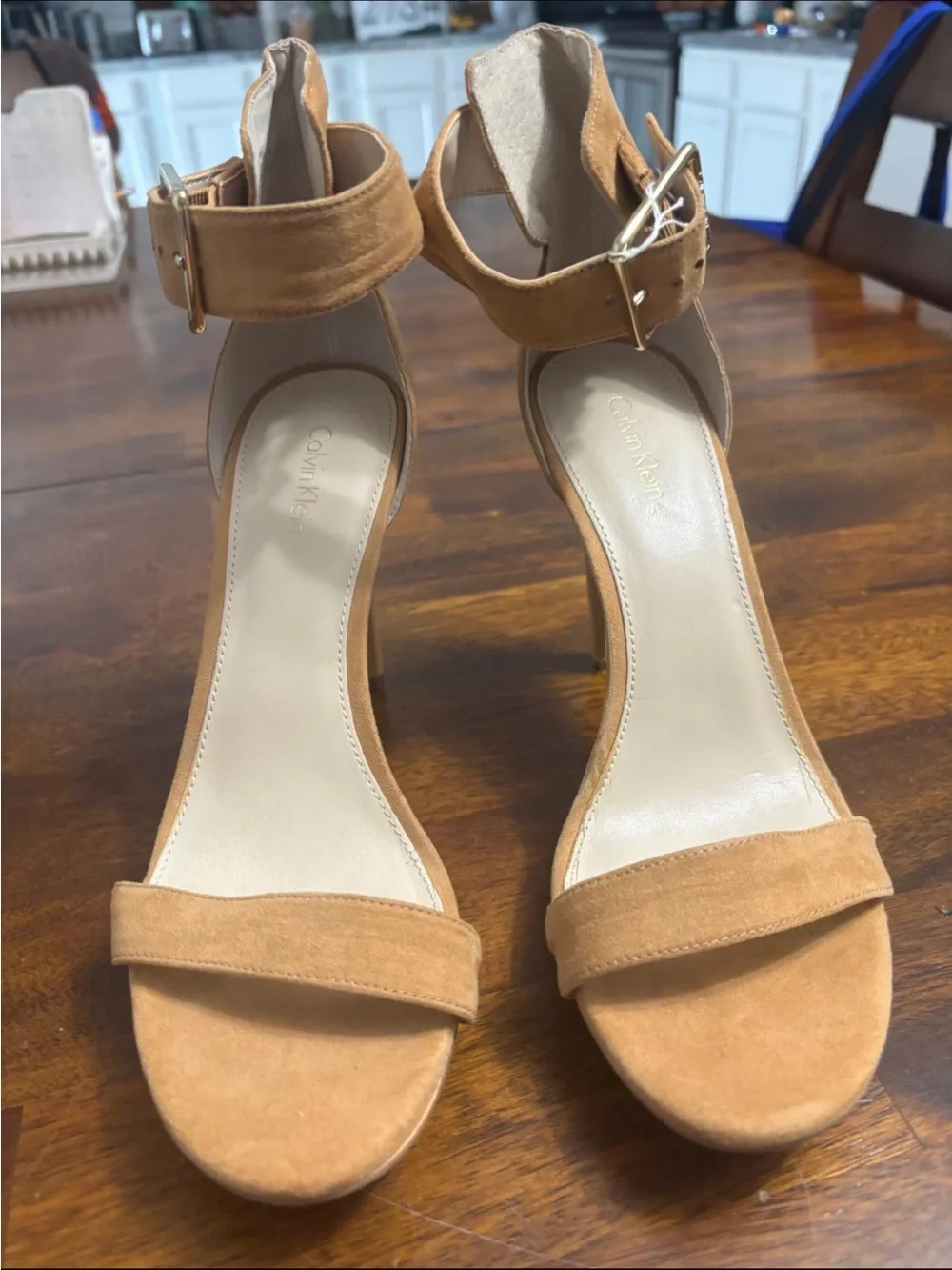 Calvin Klein Cognac Suede Ankle-Strap Open-Toe Heels